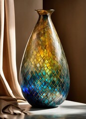 Wall Mural - Colorful Decorative glass vase with green and blue pattern on the table. Close up. ai generative