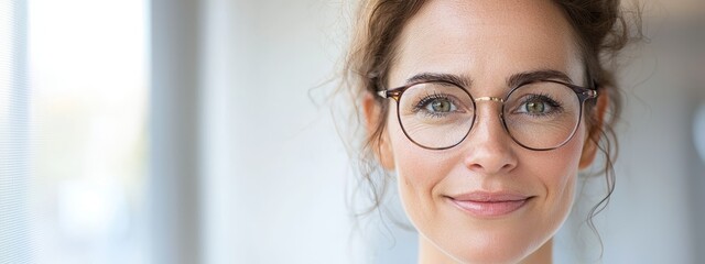  A close-up of a smiling person wearing glasses and a ponytail