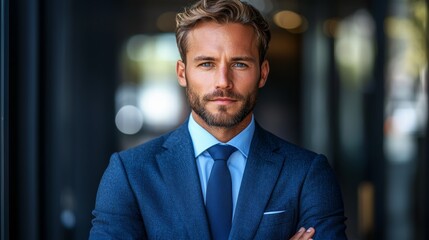 A confident man in a blue suit poses with crossed arms in a modern office environment during the day