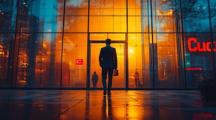 A businessman enters a modern glass building with an orange and blue sunset glow in the background, creating a dynamic urban atmosphere