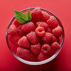 Wall Mural - raspberries on red background, square food photography