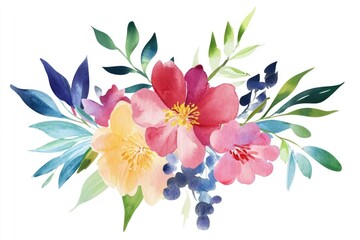 Poster - A stunning arrangement of colorful watercolor flowers and lush green leaves is showcased on a white background, ideal for brightening any space or project
