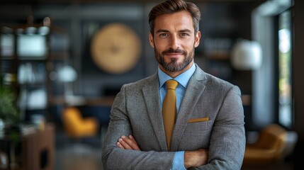 Wall Mural - Confident businessman poses in a modern office setting during daylight, showcasing professionalism and style