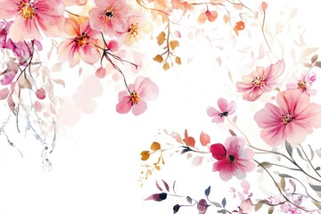 Poster - Delicate flowers in soft pinks and peaches cascade gracefully across a white background, enhancing the beauty of nature through watercolor artistry