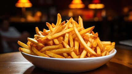 Wall Mural - French fries served in a white paper container on the table Close up shot  