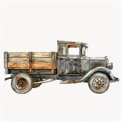 Wall Mural - An old truck with a wooden top is parked on a white background watercolor, transparent 