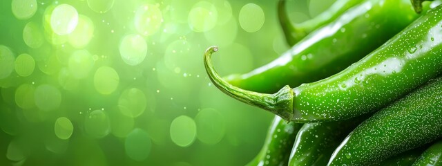 Wall Mural -  A mound of green peppers atop broccoli piles, dotted with water beads