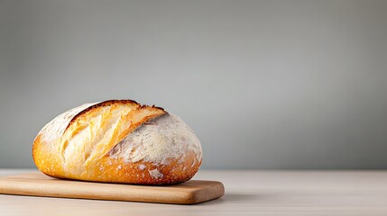 Minimalist food photography of a freshly baked loaf of bread on a simple background, focusing on the bread's texture and crust with minimal distractions