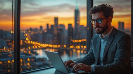 Business professional working on a laptop with city skyline views during sunset in a modern office