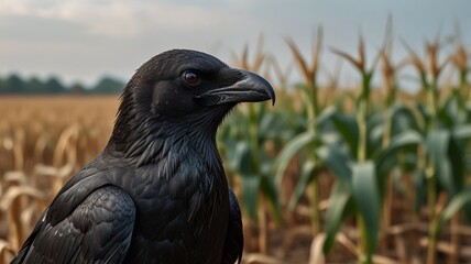 Wall Mural - a black crow is standing in a corn field.