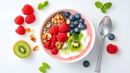 Wall Mural - Flat lay food photography of a fresh and vibrant smoothie bowl with toppings arranged artfully, shot from directly above to emphasize the color and texture