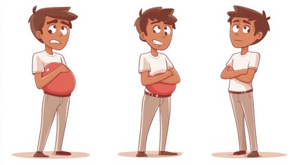 Wall Mural - A cartoon illustration of a man in three poses showing the progression of a growing belly, he's wearing a white shirt, beige pants, and a concerned expression on his face.