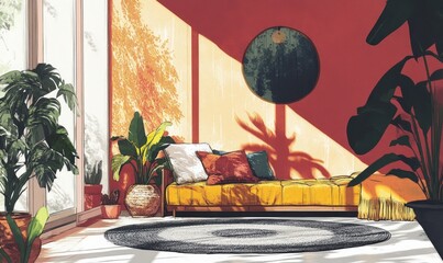 Line art illustration featuring colorful artwork with light and shadow effects set in an indoor space adorned with beautiful textiles and warm decor elements