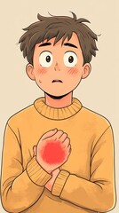 Wall Mural - A young man with brown hair and a yellow sweater is holding his chest and looks worried. The area around his heart is highlighted in red.