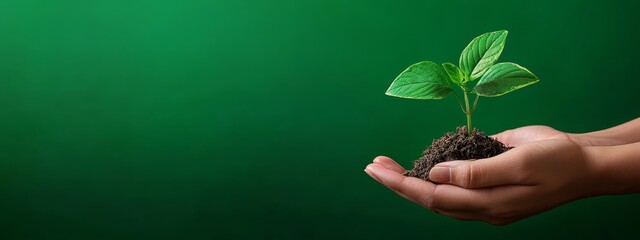 Poster -  Person's hand holding a small green plant against a green background with dirt atop it