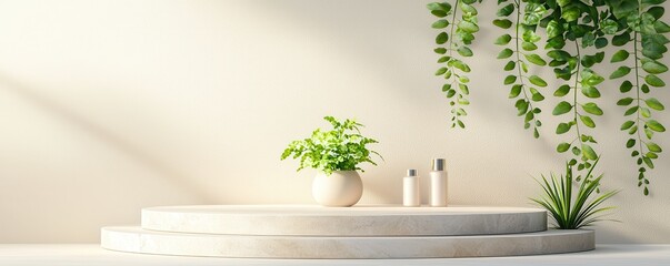 Wall Mural - Minimalist Product Display with Plants and Natural Light.