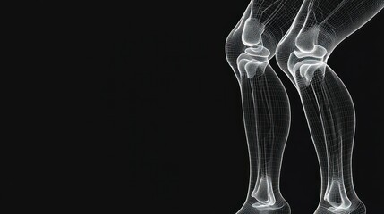 A close-up of a 3D rendering of human legs, showing the skeletal structure in a glowing white against a black background.