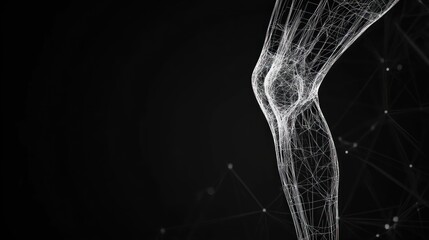 Poster - Abstract digital representation of a human leg, focusing on the knee joint, rendered in a network of lines and points against a black background.