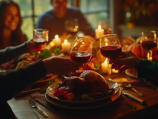 Thanksgiving-themed table setting with a central sign that reads “Thanksgiving,” surrounded by autumnal decorations such as pumpkins and pine cones