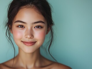 Close-up portrait of a smiling young woman with glowing skin and natural beauty, set against a soft turquoise background.