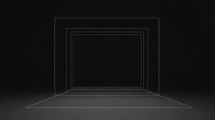 Poster - An abstract minimalist 3D rendering of a hallway with a dark background and perspective lines that create a sense of depth.