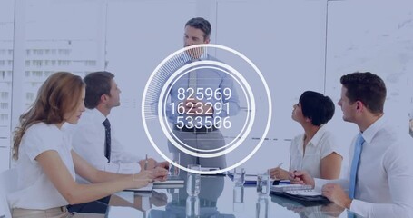 Poster - Business meeting with data processing animation over diverse professionals in office