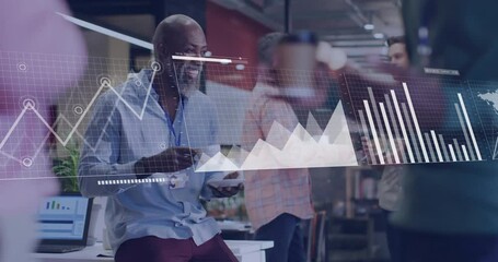 Poster - Business data charts animation over diverse professionals collaborating in modern office