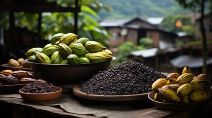 Wall Mural - Fresh cocoa pods and dried cocoa beans displayed on a rustic wooden table at a chocolate farm 