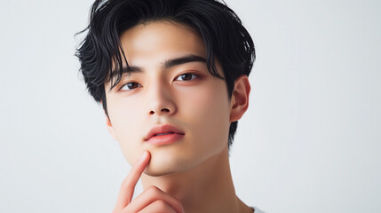 Aufkleber - 若くてかっこいいアジア人男性が顎に指で触る仕草をしているポートレート/日本・韓国・中国