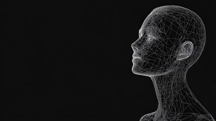 Canvas Print - A wireframe rendering of a woman's head in profile against a black background.