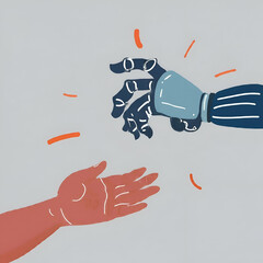 Human hand reaching for robotic hand in illustration style. Artificial intelligence and futuristic concept. Generative AI.