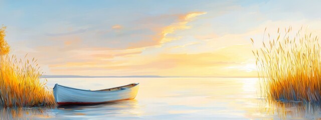 Canvas Print - Boat on water, reeds in foreground, sunset background