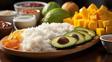 Poster - Fresh crab meat, rice, avocado, mango and seasoning for a salad. 