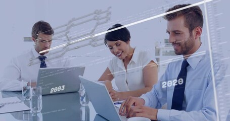 Poster - Business people working on laptops with data charts and graphs over animation