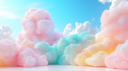 Poster - Soft, fluffy clouds with a pastel glow drift across a bright blue sky, creating a serene and dreamy atmosphere filled with light and tranquility