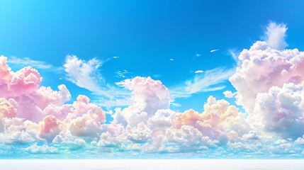 Poster - Soft, fluffy clouds with a pastel glow drift across a bright blue sky, creating a serene and dreamy atmosphere filled with light and tranquility