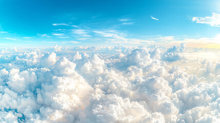 Poster - Soft, fluffy clouds with a pastel glow drift across a bright blue sky, creating a serene and dreamy atmosphere filled with light and tranquility