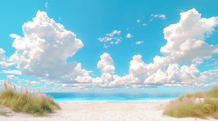Poster - Soft, fluffy clouds with a pastel glow drift across a bright blue sky, creating a serene and dreamy atmosphere filled with light and tranquility