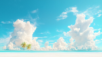 Poster - Soft, fluffy clouds with a pastel glow drift across a bright blue sky, creating a serene and dreamy atmosphere filled with light and tranquility