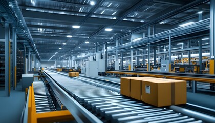Poster - Automated conveyor system in a modern warehouse with boxes and robotics, ensuring efficient logistics and streamlined operations.