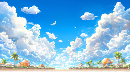 Poster - Soft, fluffy clouds with a pastel glow drift across a bright blue sky, creating a serene and dreamy atmosphere filled with light and tranquility