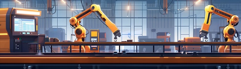 Poster - Automated robotic arms in an industrial factory setting, showcasing modern manufacturing technology and innovation.