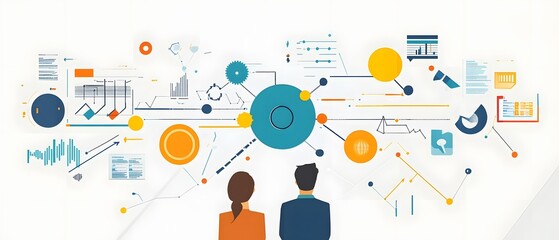 Poster - Business professionals analyzing data visualization on a digital board illustrating complex information and strategies.