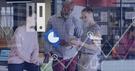 Poster - Business data visualization animation over diverse colleagues discussing tablet in office