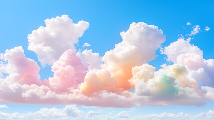 Poster - Soft, fluffy clouds with a pastel glow drift across a bright blue sky, creating a serene and dreamy atmosphere filled with light and tranquility