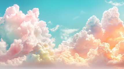 Poster - Soft, fluffy clouds with a pastel glow drift across a bright blue sky, creating a serene and dreamy atmosphere filled with light and tranquility