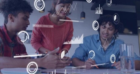 Poster - Analyzing data charts and graphs animation over diverse business team collaborating