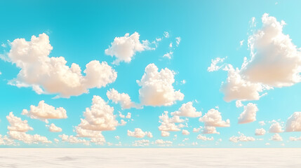 Poster - Soft, fluffy clouds with a pastel glow drift across a bright blue sky, creating a serene and dreamy atmosphere filled with light and tranquility