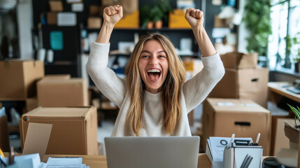 Wall Mural - A young woman celebrates with arms raised in excitement while working on a laptop in an office filled with cardboard boxes, suggesting business success or a startup milestone.