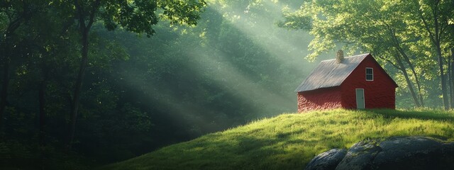 Wall Mural -  A red barn atop a lush green hillside, surrounded by a forest of tall, green trees